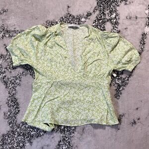 Sophie Rue Shirt Womens Sz M Green Floral Tie Back Peplum V-Neck Blouse‎
